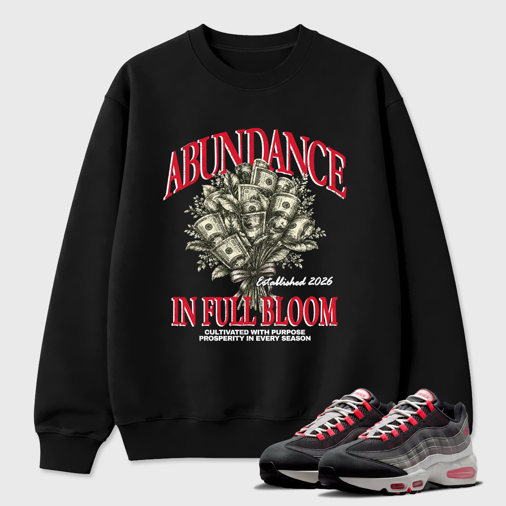 Abundance Graphic T-Shirt featuring original streetwear artwork designed to match the Air Max 95 Reverse Solar Red. Black 1 Graphic Tee.
