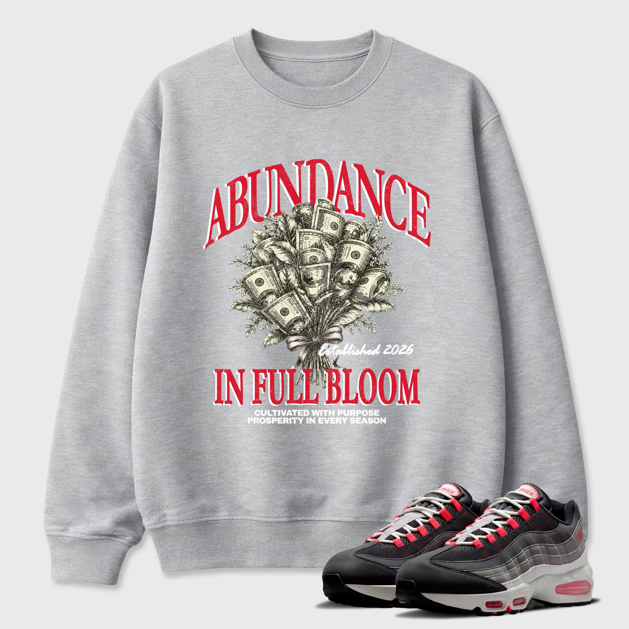 Abundance Graphic T-Shirt featuring original streetwear artwork designed to match the Air Max 95 Reverse Solar Red. Heather Grey 1 Graphic Tee.