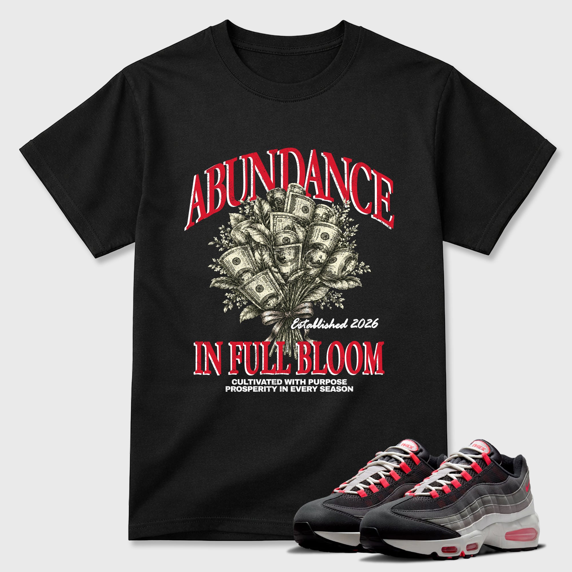 Abundance Graphic T-Shirt featuring original streetwear artwork designed to match the Air Max 95 Reverse Solar Red. Black 1 Graphic T-Shirt.
