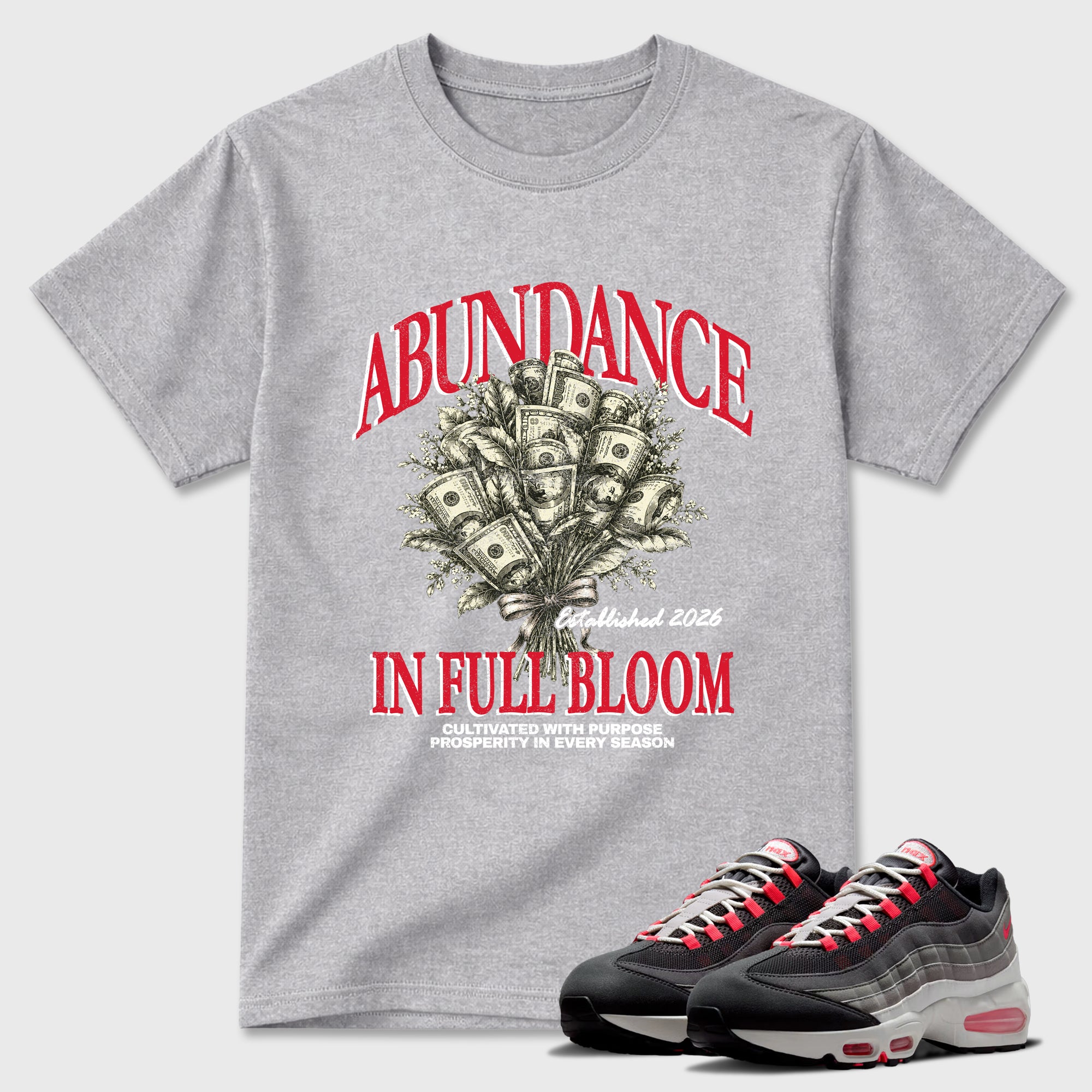 Abundance Graphic T-Shirt featuring original streetwear artwork designed to match the Air Max 95 Reverse Solar Red. Heather Grey 1 Graphic T-Shirt.
