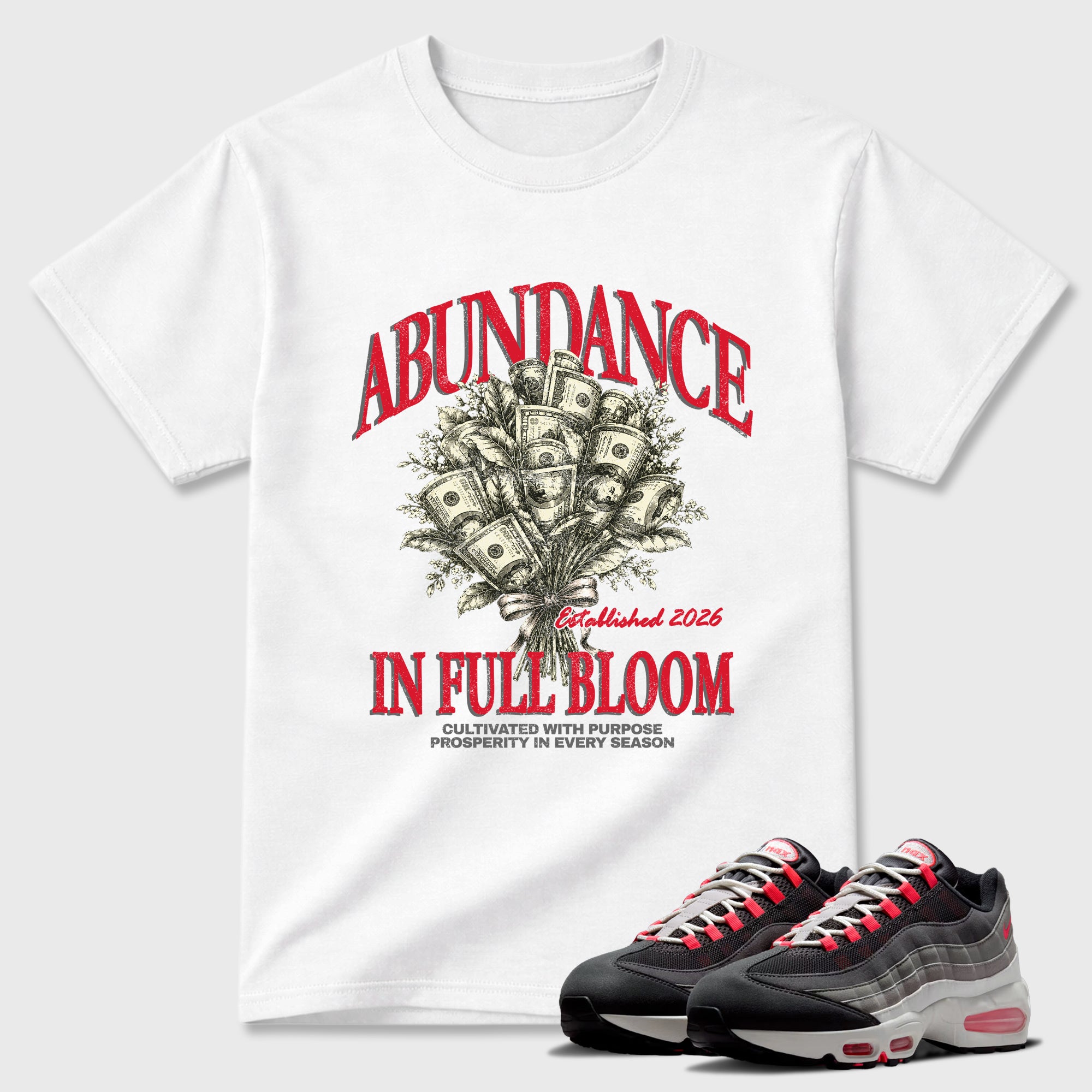 Abundance Graphic T-Shirt featuring original streetwear artwork designed to match the Air Max 95 Reverse Solar Red. White 1 Graphic T-Shirt.