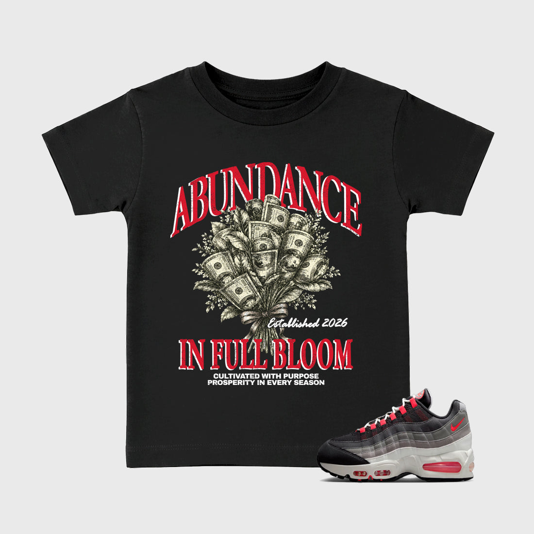 Abundance Baby & Kids Graphic T-Shirt featuring original artwork designed to match the Air Max 95 Reverse Solar Red. Black 1 Kids Graphic Tee.