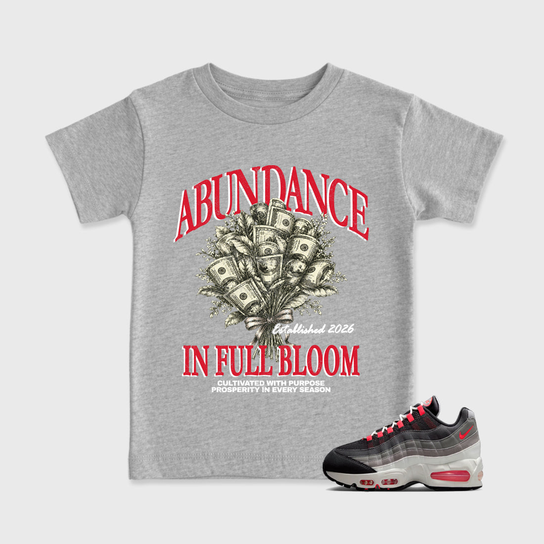 Abundance Baby & Kids Graphic T-Shirt featuring original artwork designed to match the Air Max 95 Reverse Solar Red. Heather Grey 1 Kids Graphic Tee.