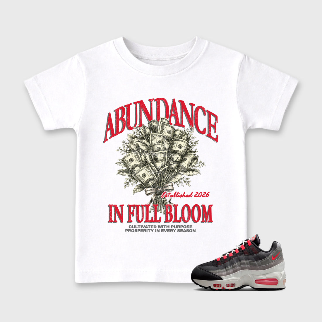 Abundance Baby & Kids Graphic T-Shirt featuring original artwork designed to match the Air Max 95 Reverse Solar Red. White 1 Kids Graphic Tee.