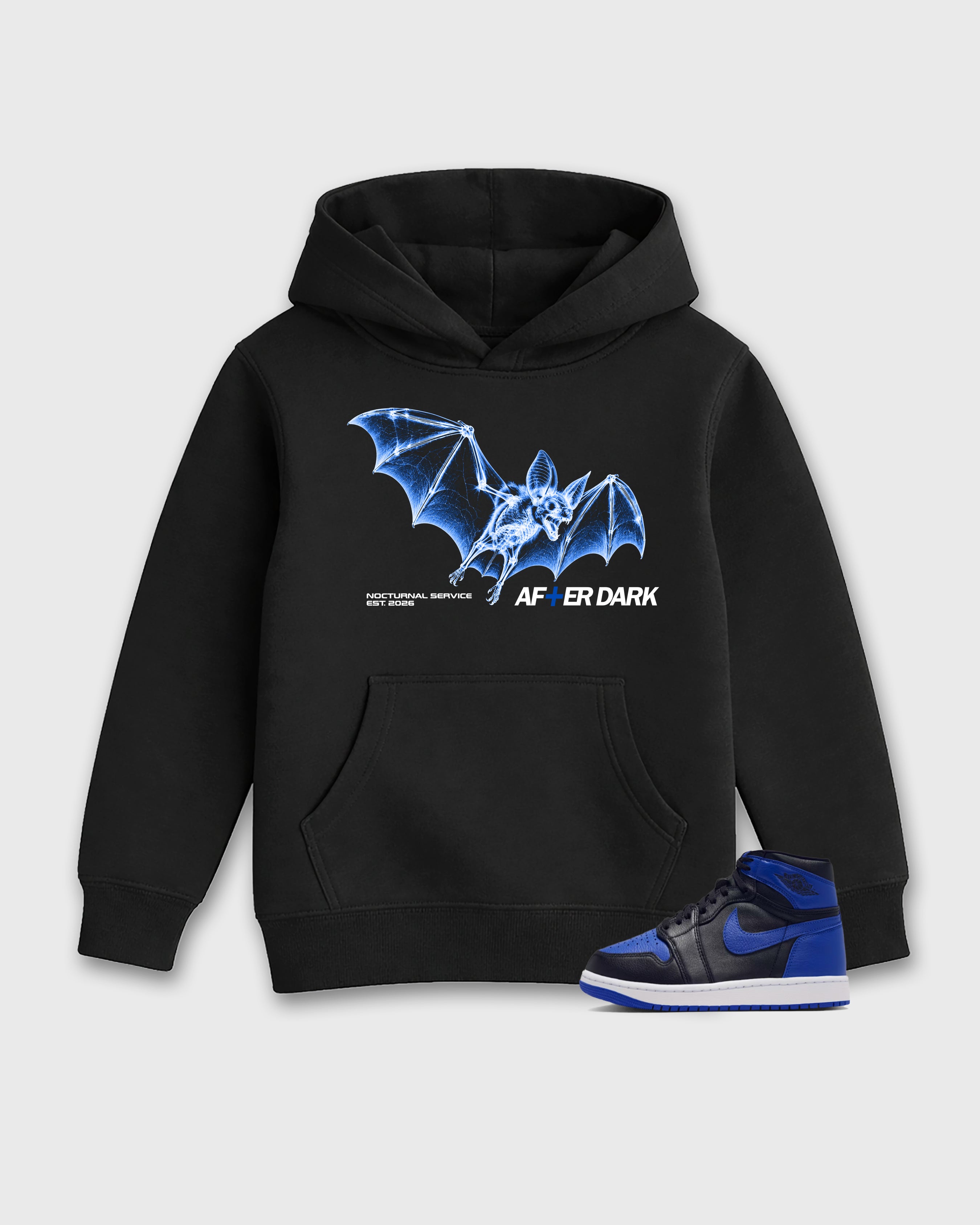 After Dark Baby & Kids Graphic Hoodie featuring original artwork designed to match the Air Jordan 1 Royal. Black 1 Kids Graphic Sweater.