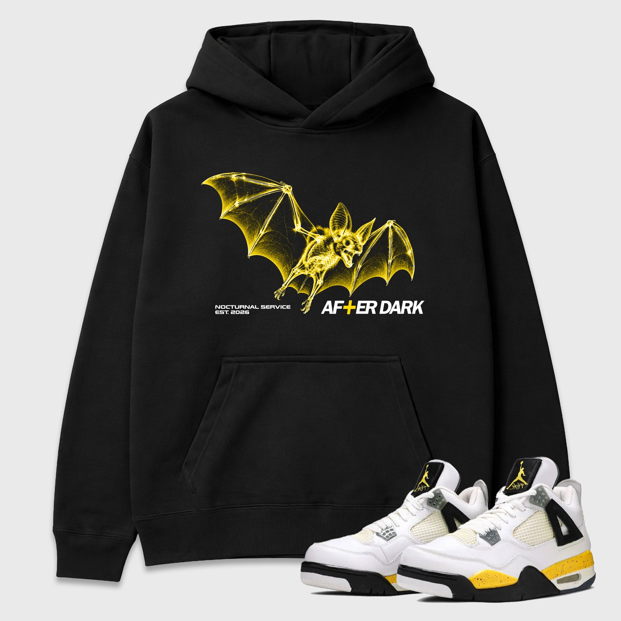 After Dark Graphic T-Shirt featuring original streetwear artwork designed to match the Air Jordan 4 Tour Yellow. Black 1 Graphic Tee.