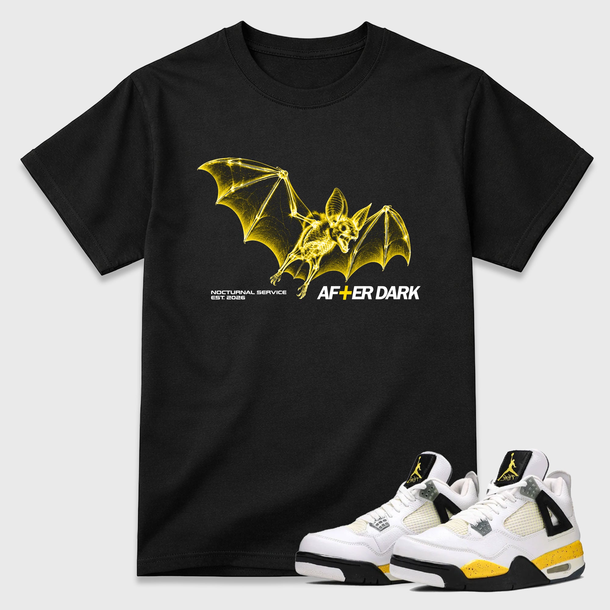 After Dark Graphic T-Shirt featuring original streetwear artwork designed to match the Air Jordan 4 Tour Yellow. Black 1 Graphic T-Shirt.