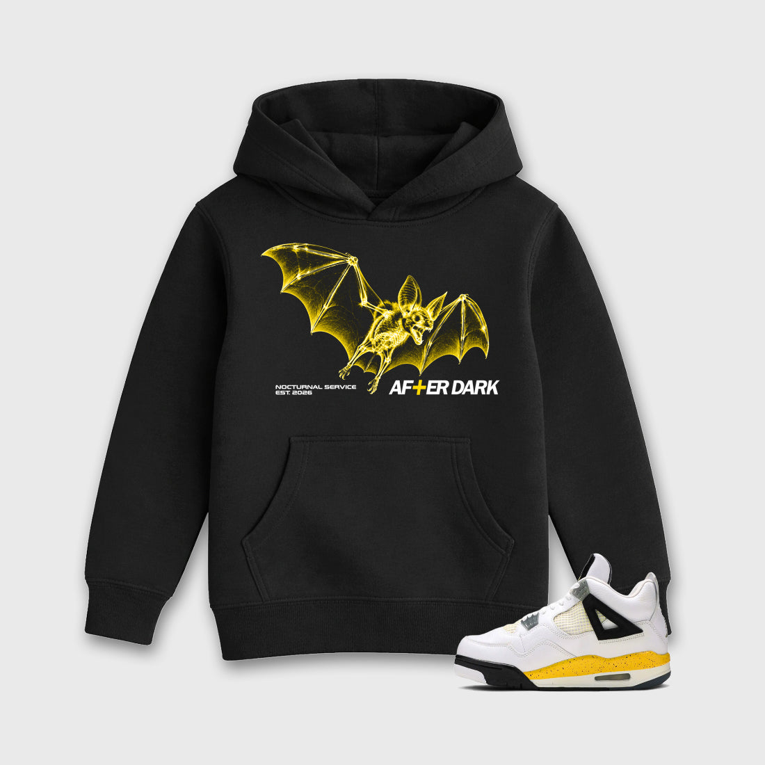 After Dark Baby & Kids Graphic Hoodie featuring original artwork designed to match the Air Jordan 4 Tour Yellow. Black 1 Kids Graphic Sweater.