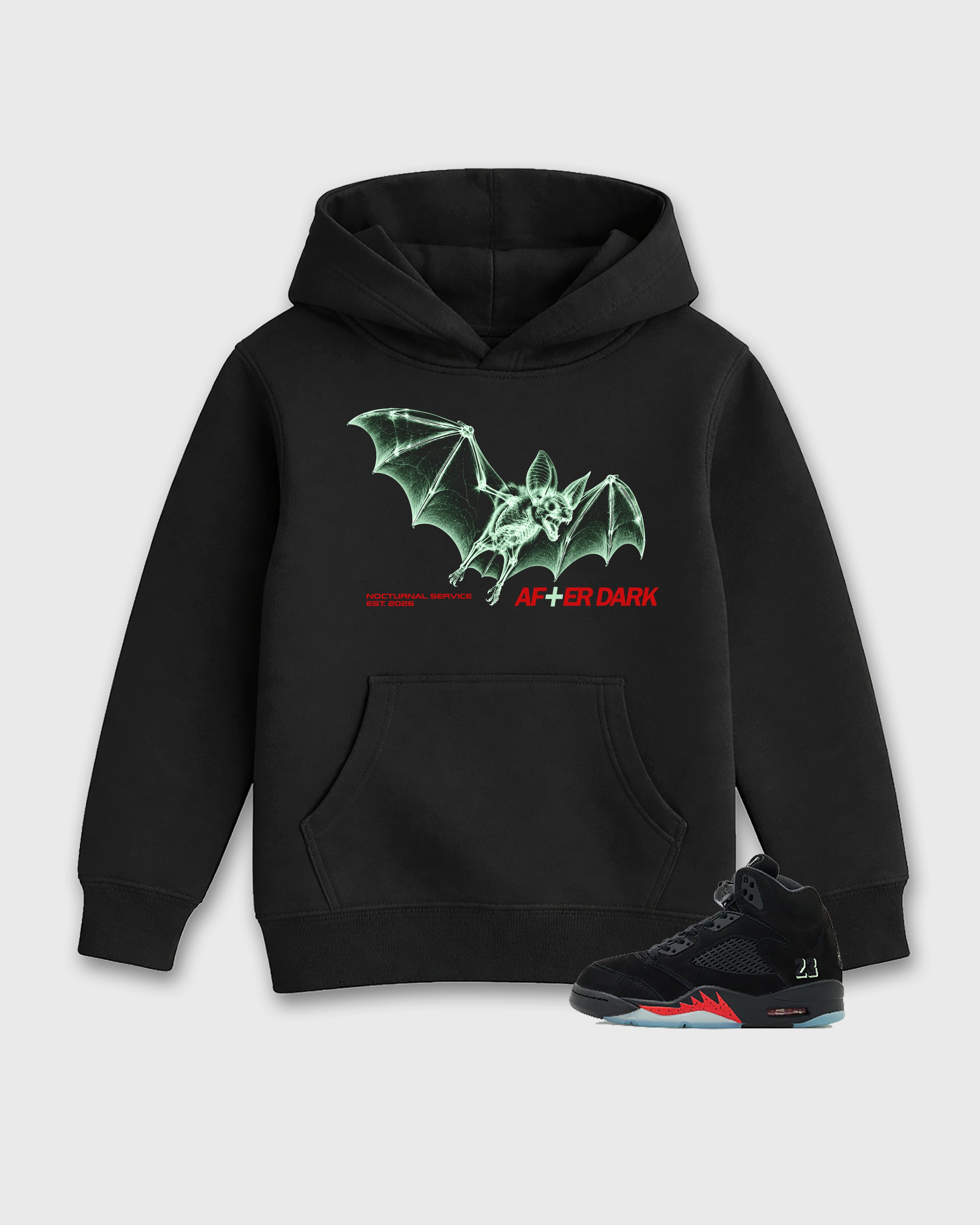 After Dark Baby & Kids Graphic Hoodie featuring original artwork designed to match the Air Jordan 5 Halloween. Black 1 Kids Graphic Sweater.