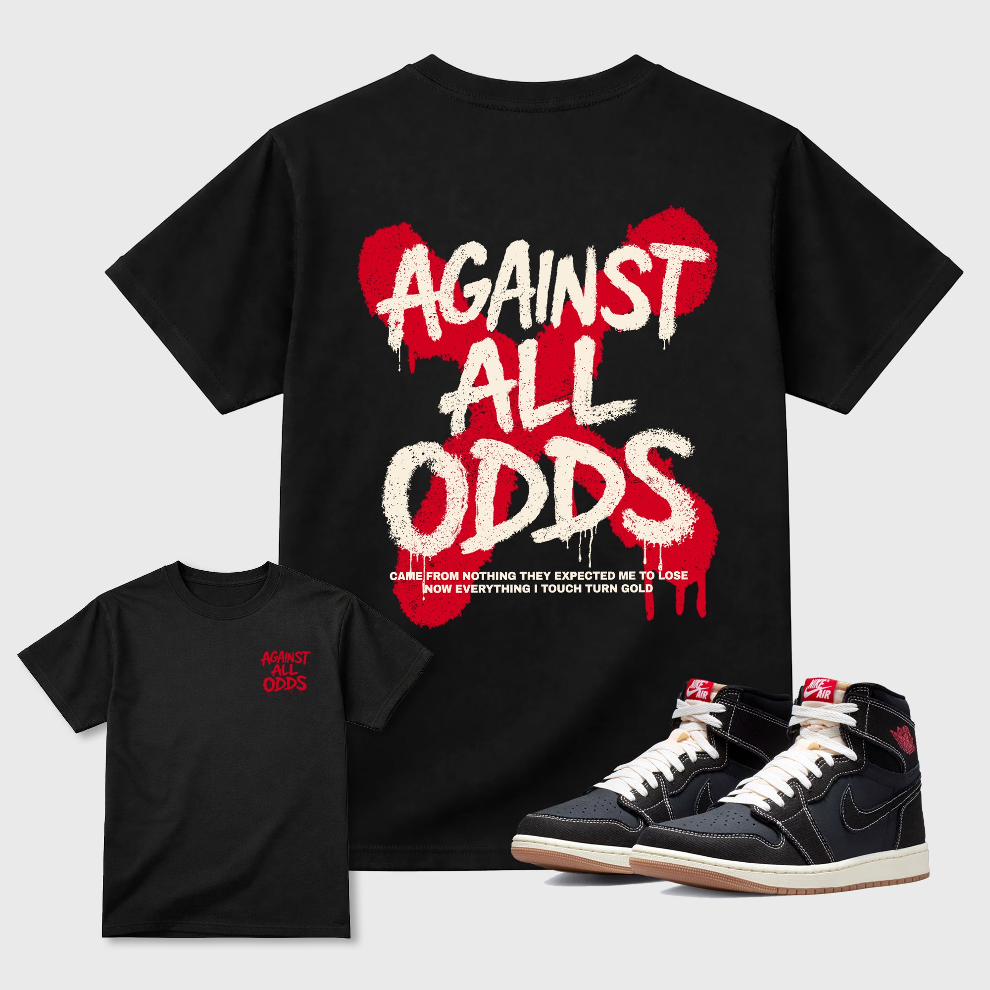 Against All Oddsgraphic t-shirt. Streetwear sneakerfit. Sneaker outfit. Complete your fit with the Air Jordan 1 Flight Club sneakers, shown in Black.