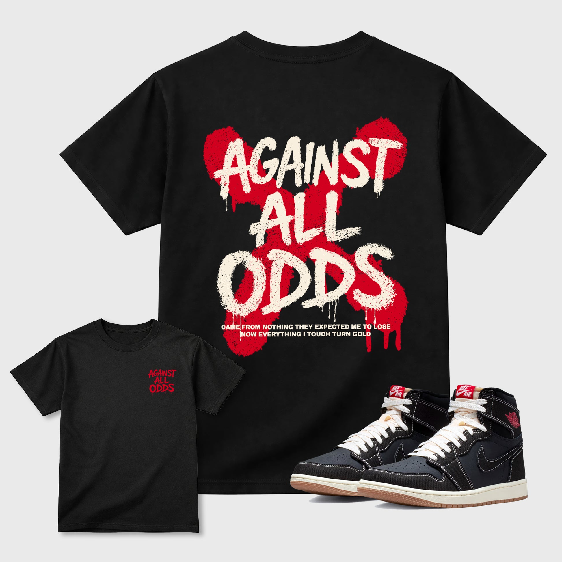 Against All Oddsgraphic t-shirt. Streetwear sneakerfit. Sneaker outfit. Complete your fit with the Air Jordan 1 Flight Club sneakers, shown in Black.