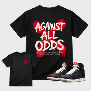 Against All Oddsgraphic t-shirt. Streetwear sneakerfit. Sneaker outfit. Complete your fit with the Air Jordan 1 Flight Club sneakers, shown in Black.
