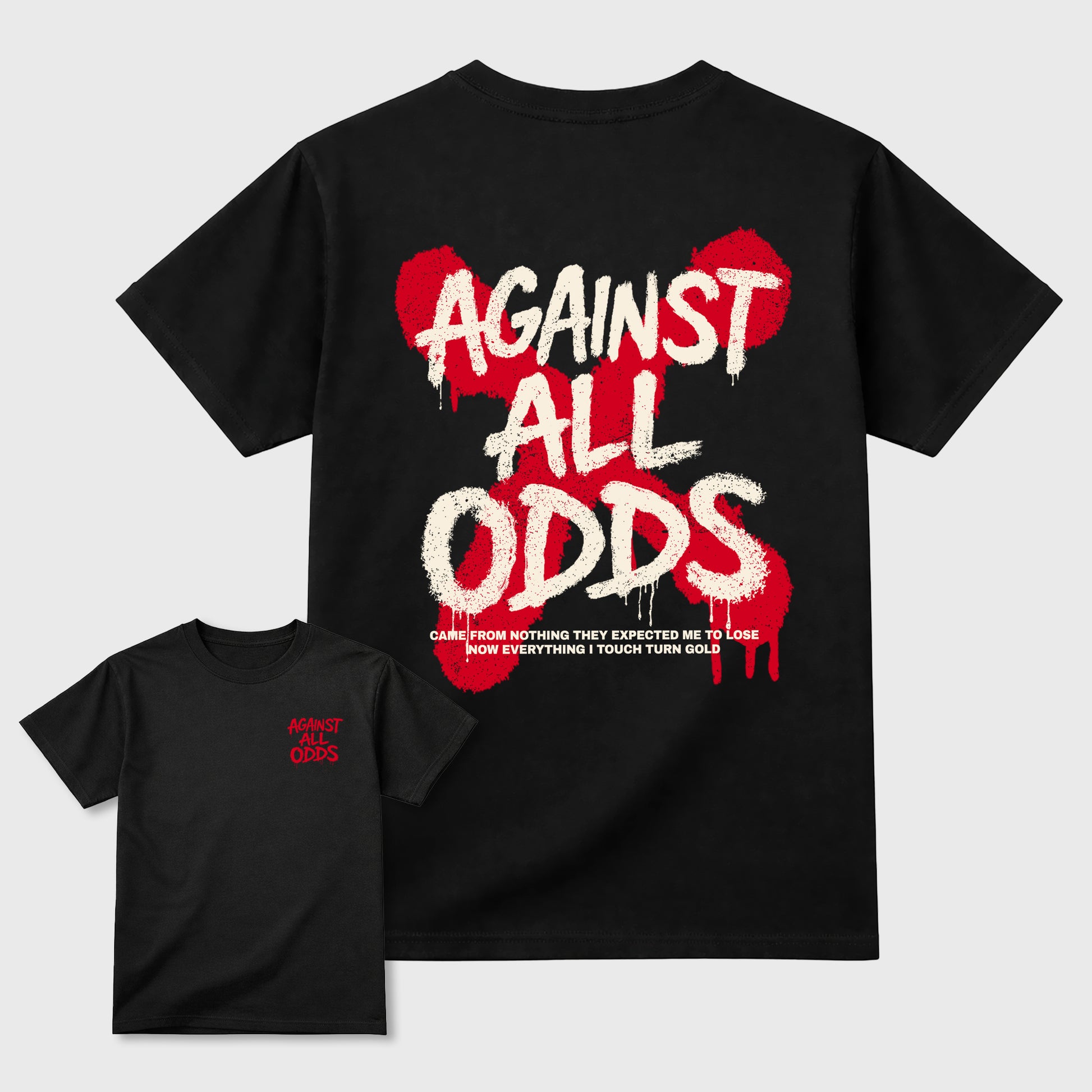 Against All Oddsgraphic t-shirt. Streetwear sneakerfit. Sneaker outfit. Complete your fit with the AJ1 Flight Club sneakers,, shown in Black.
