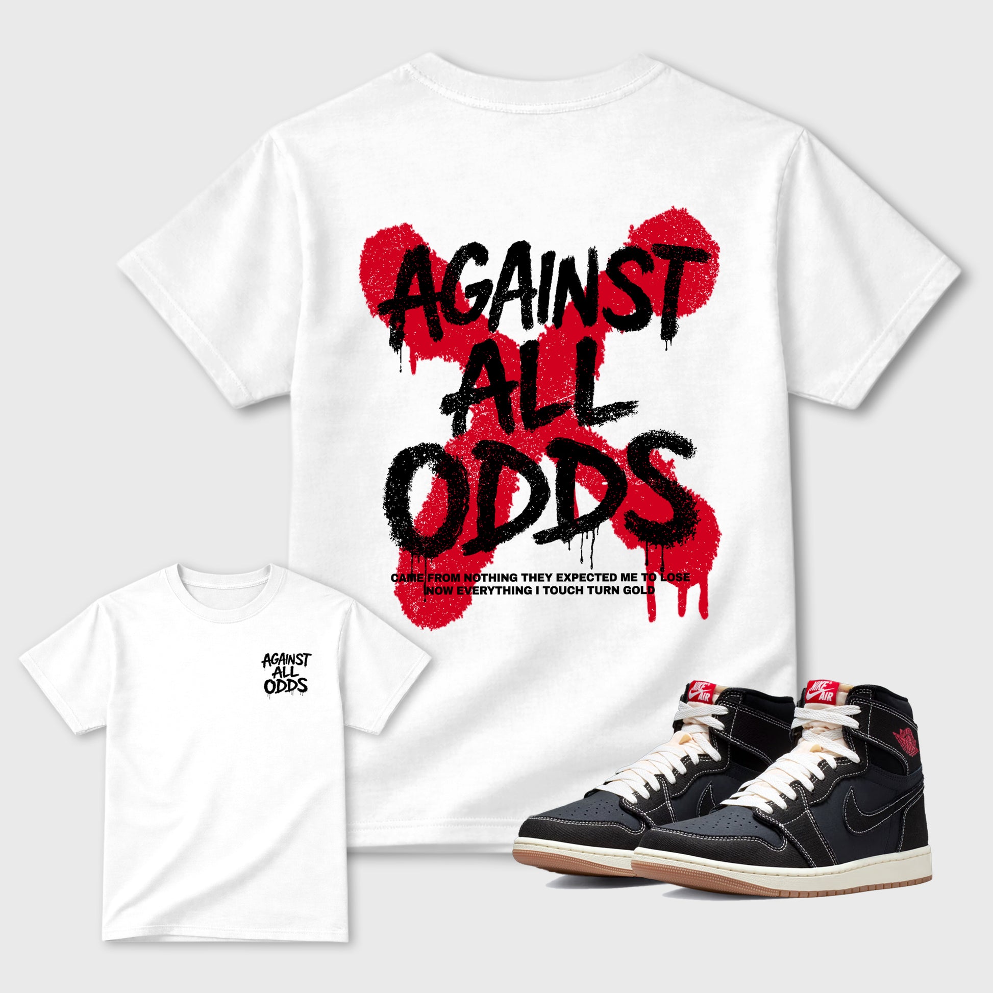 Against All Oddsgraphic t-shirt. Streetwear sneakerfit. Sneaker outfit. Complete your fit with the AJ1 Flight Club sneakers,, shown in White.