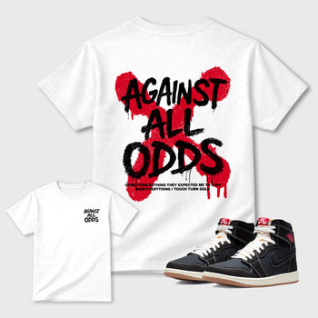 Against All Oddsgraphic t-shirt. Streetwear sneakerfit. Sneaker outfit. Complete your fit with the AJ1 Flight Club sneakers,, shown in White.