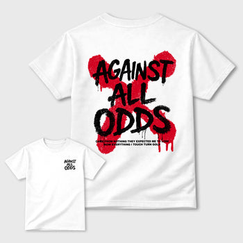 Against All Oddsgraphic t-shirt. Streetwear sneakerfit. Sneaker outfit. Complete your fit with the AJ1 Flight Club sneakers,, shown in White.