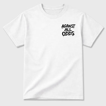Against All Oddsgraphic t-shirt. Streetwear sneakerfit. Sneaker outfit. Complete your fit with the AJ1 Flight Club sneakers,, shown in White.