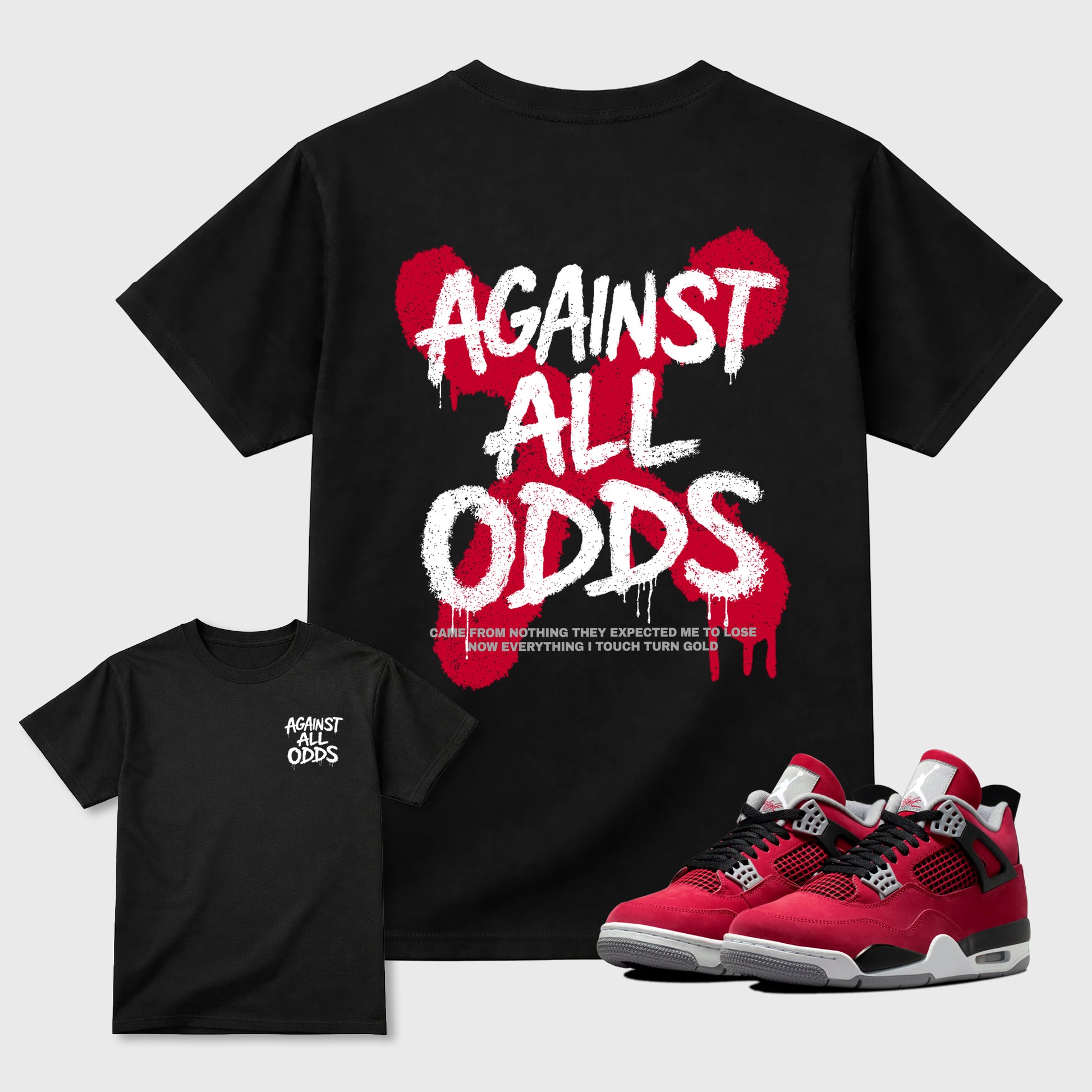 Against All Odds sneaker match t-shirt styled to complete your sneaker outfitwith the Air Jordan 4 Toro Bravo sneakers, shown in Black.