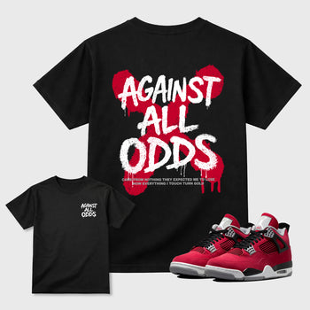Against All Odds sneaker match t-shirt styled to complete your sneaker outfitwith the Air Jordan 4 Toro Bravo sneakers, shown in Black.