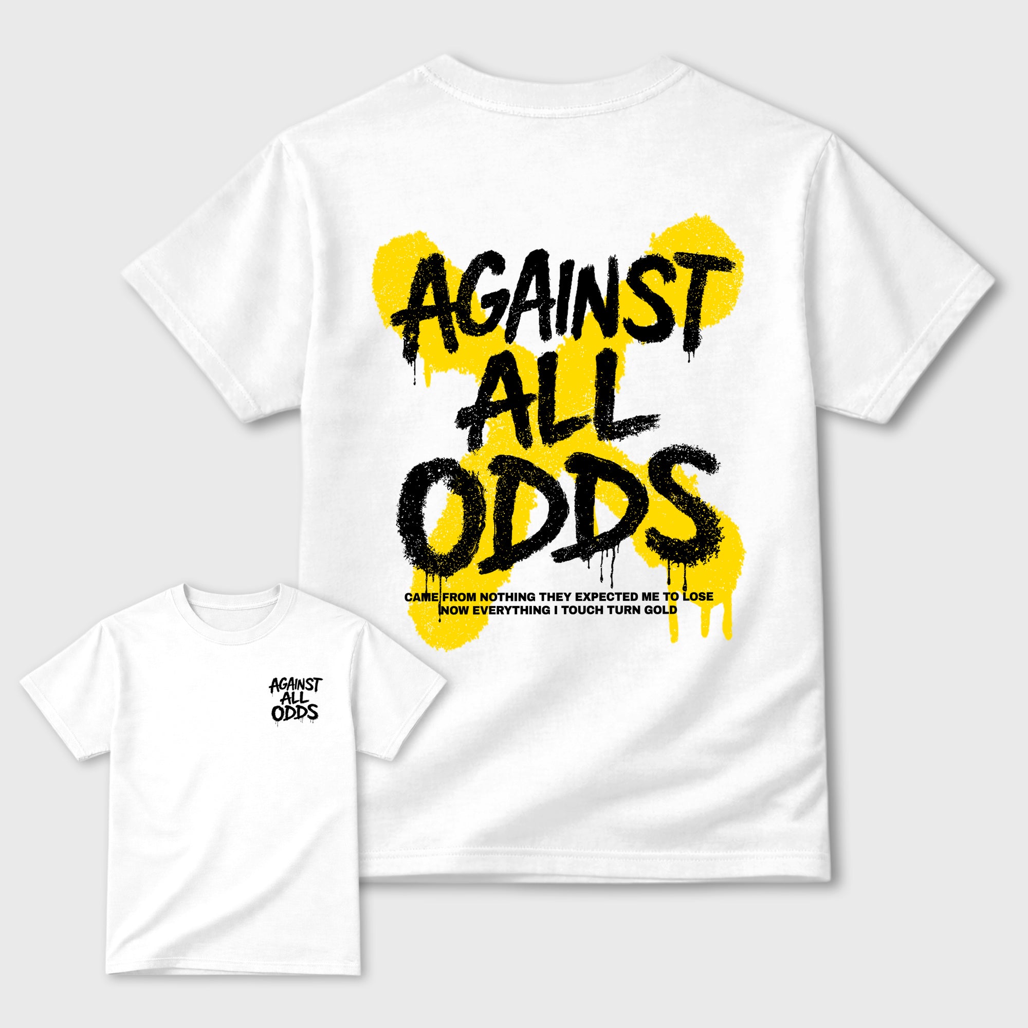 Against All Odds Graphic T-Shirt featuring original streetwear artwork designed to match the AJ4 Tour Yellow. White Graphic T-Shirt.