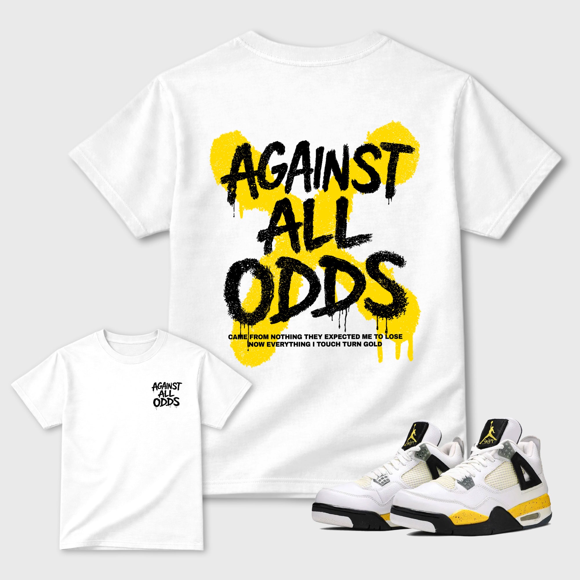 Against All Odds Graphic T-Shirt featuring original streetwear artwork designed to match the . White Graphic T-Shirt.