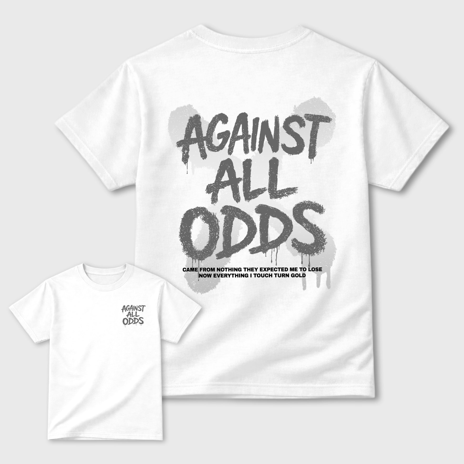 Against All Oddsgraphic t-shirt. Streetwear sneakerfit. Sneaker outfit. Complete your fit with the 5s White Metallic, shown in White.