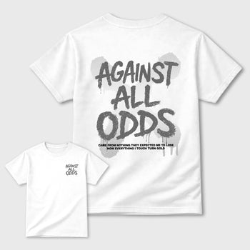 Against All Oddsgraphic t-shirt. Streetwear sneakerfit. Sneaker outfit. Complete your fit with the 5s White Metallic, shown in White.