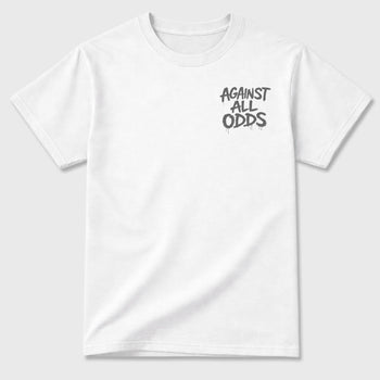 Against All Oddsgraphic t-shirt. Streetwear sneakerfit. Sneaker outfit. Complete your fit with the 5s White Metallic, shown in White.