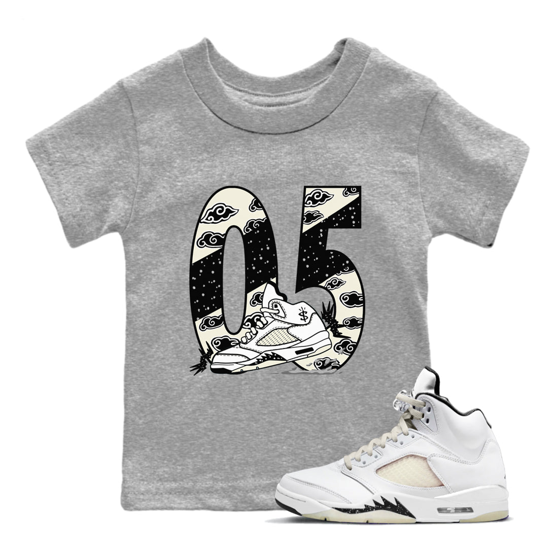 AJ5 Sail shirt to match jordans Aggressive Dribble sneaker tees Air Jordan 5 Sail SNRT sneaker release tees baby toddler Heather Grey 1 cotton Shirt