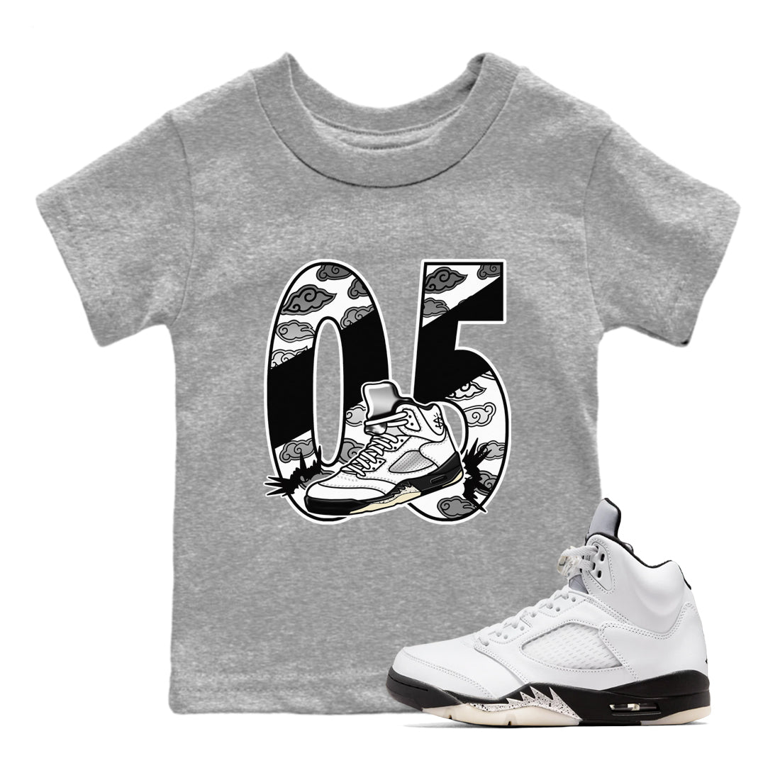 5s White Black shirts to match jordans Aggressive Dribble sneaker match tees Air Jordan 5 Retro White Black match shoes to clothes SNRT Sneaker Tees Youth Baby Heather Grey 1 tee