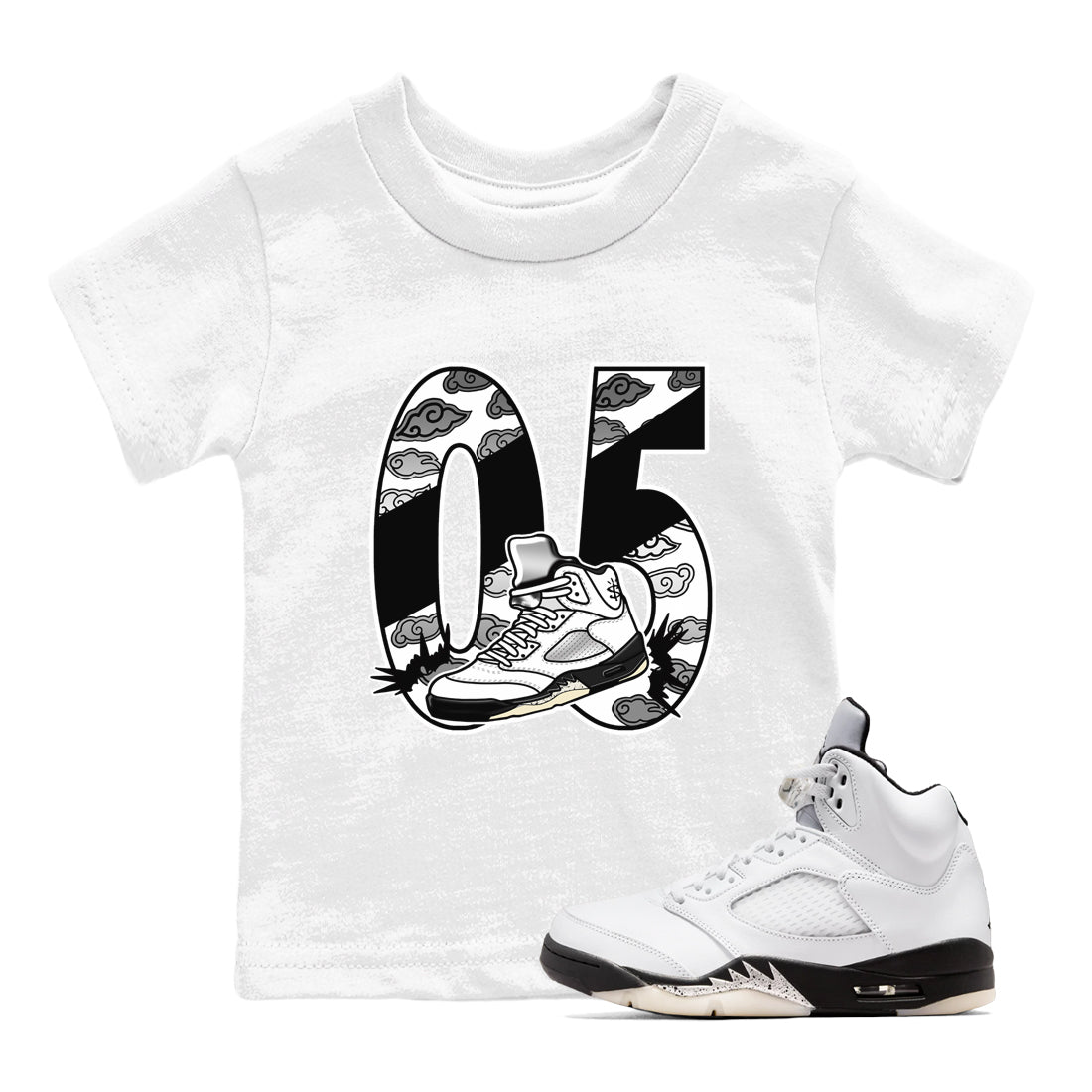 5s White Black shirts to match jordans Aggressive Dribble sneaker match tees Air Jordan 5 Retro White Black match shoes to clothes SNRT Sneaker Tees Youth Baby White 1 tee