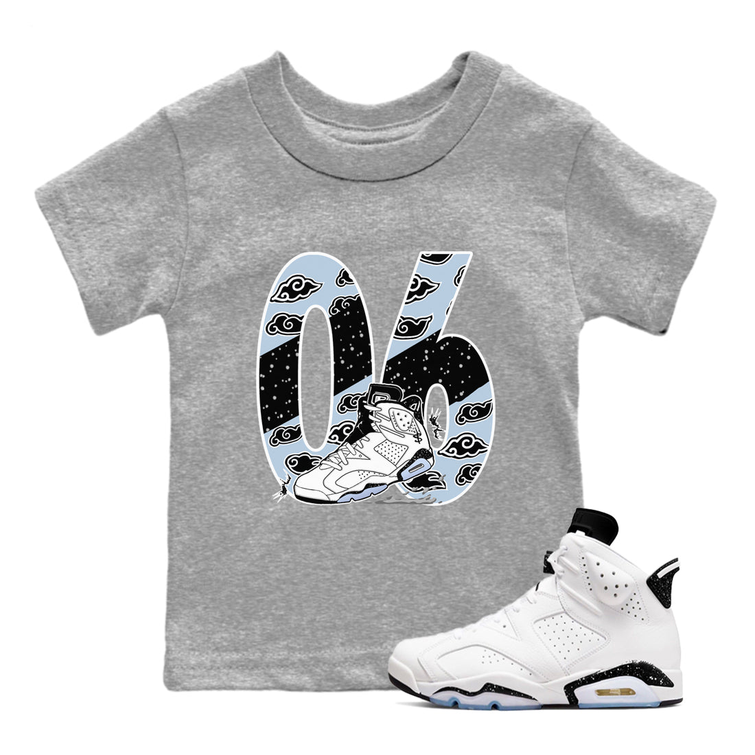6s White Black shirt to match jordans Aggressive Dribble sneaker tees Air Jordan 6 White Black SNRT sneaker release tees baby toddler Heather Grey 1 cotton Shirt