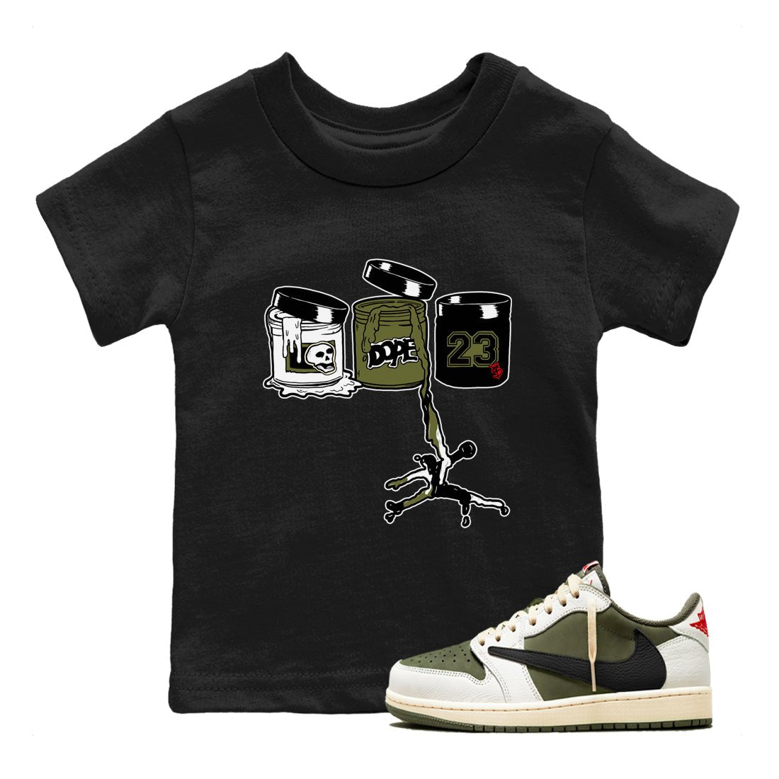 1s Travis Scott Medium Olive shirts to match jordans Jordan Paint sneaker match tees Air Jordan 1 Travis Scott Medium Olive match shoes to clothes SNRT Sneaker Tees Youth Baby Black 1 tee
