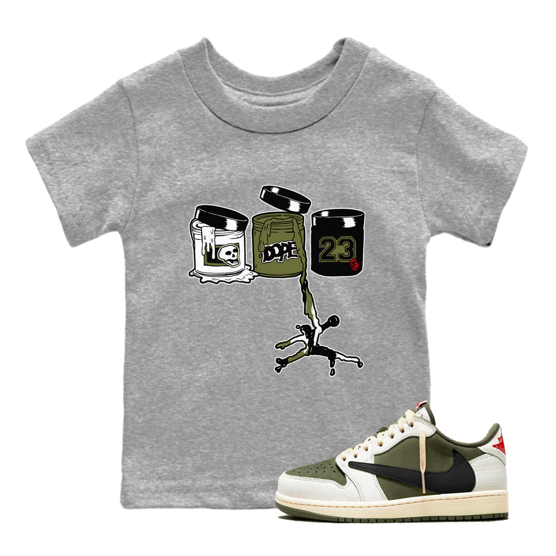 1s Travis Scott Medium Olive shirts to match jordans Jordan Paint sneaker match tees Air Jordan 1 Travis Scott Medium Olive match shoes to clothes SNRT Sneaker Tees Youth Baby Heather Grey 1 tee
