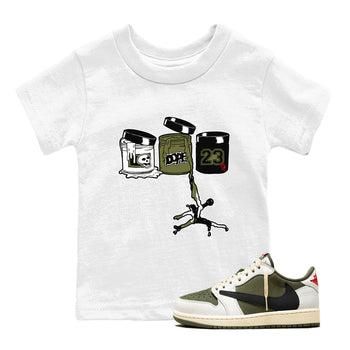 1s Travis Scott Medium Olive shirts to match jordans Jordan Paint sneaker match tees Air Jordan 1 Travis Scott Medium Olive match shoes to clothes SNRT Sneaker Tees Youth Baby White 1 tee