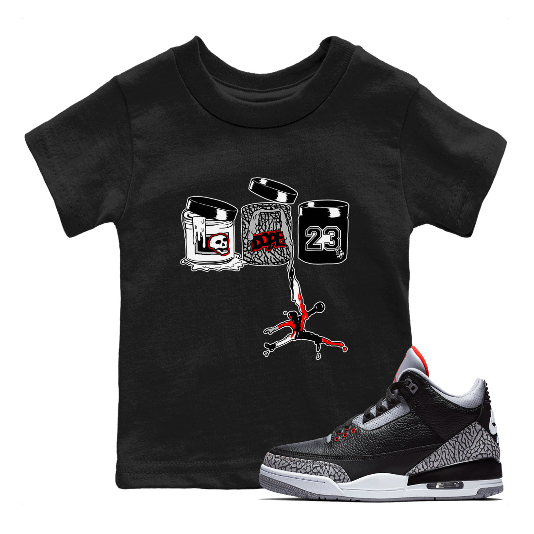 3s Black Cement shirts to match jordans Jordan Paint sneaker match tees Air Jordan 3 Black Cement match shoes to clothes SNRT Sneaker Tees Youth Baby Black 1 tee