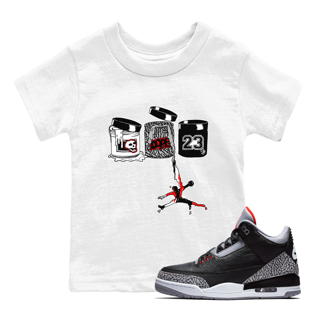 3s Black Cement shirts to match jordans Jordan Paint sneaker match tees Air Jordan 3 Black Cement match shoes to clothes SNRT Sneaker Tees Youth Baby White 1 tee