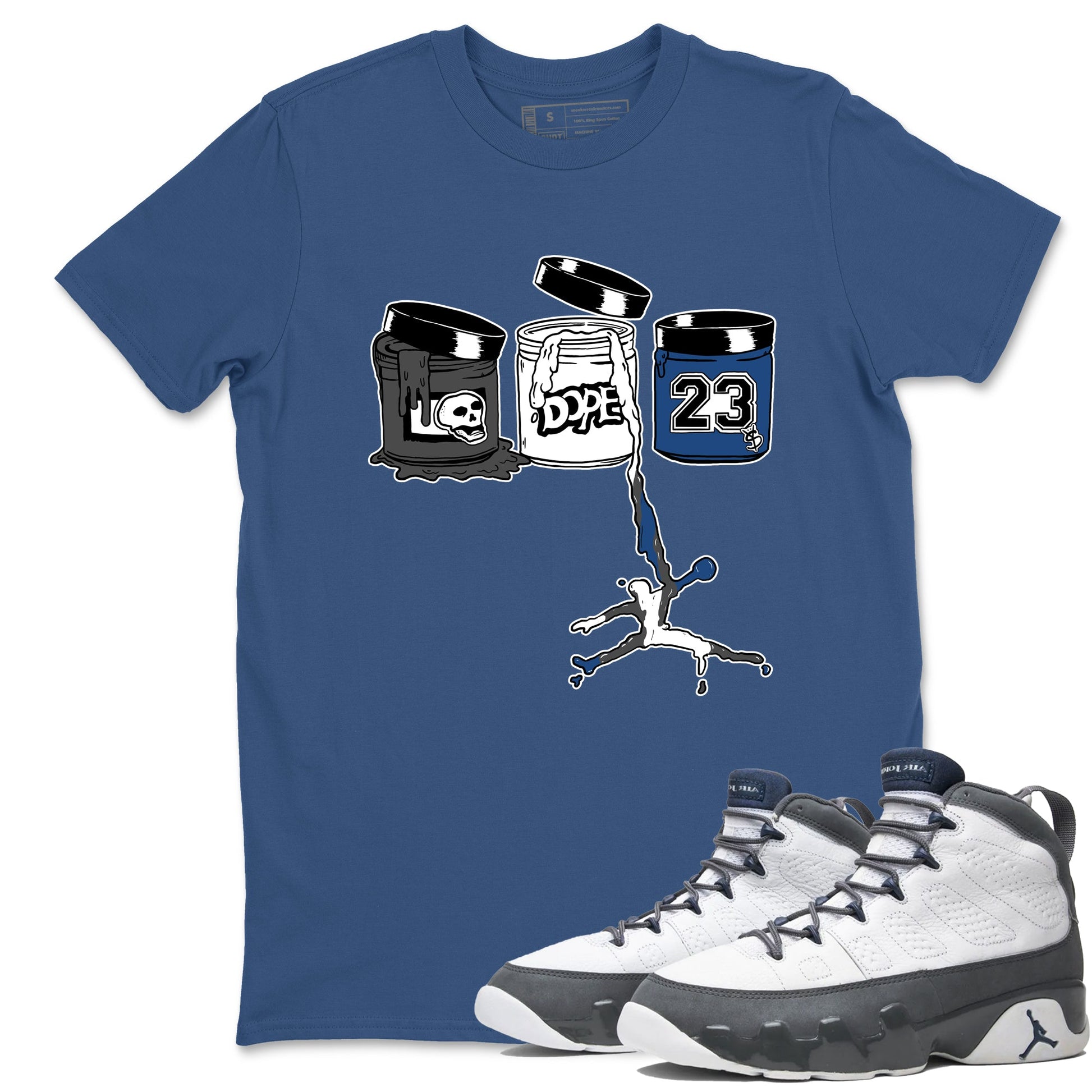 Sneaker match tees – Sneaker Tees To Match Air Jordan 9 Flint Grey Shoes – Jordan Paint Tee Denim Blue 1