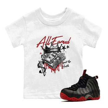 Sneaker match tees – Sneaker Tees To Match Air Foamposite Cough Drop Shoes – All Earned Kids T-Shirt White 1
