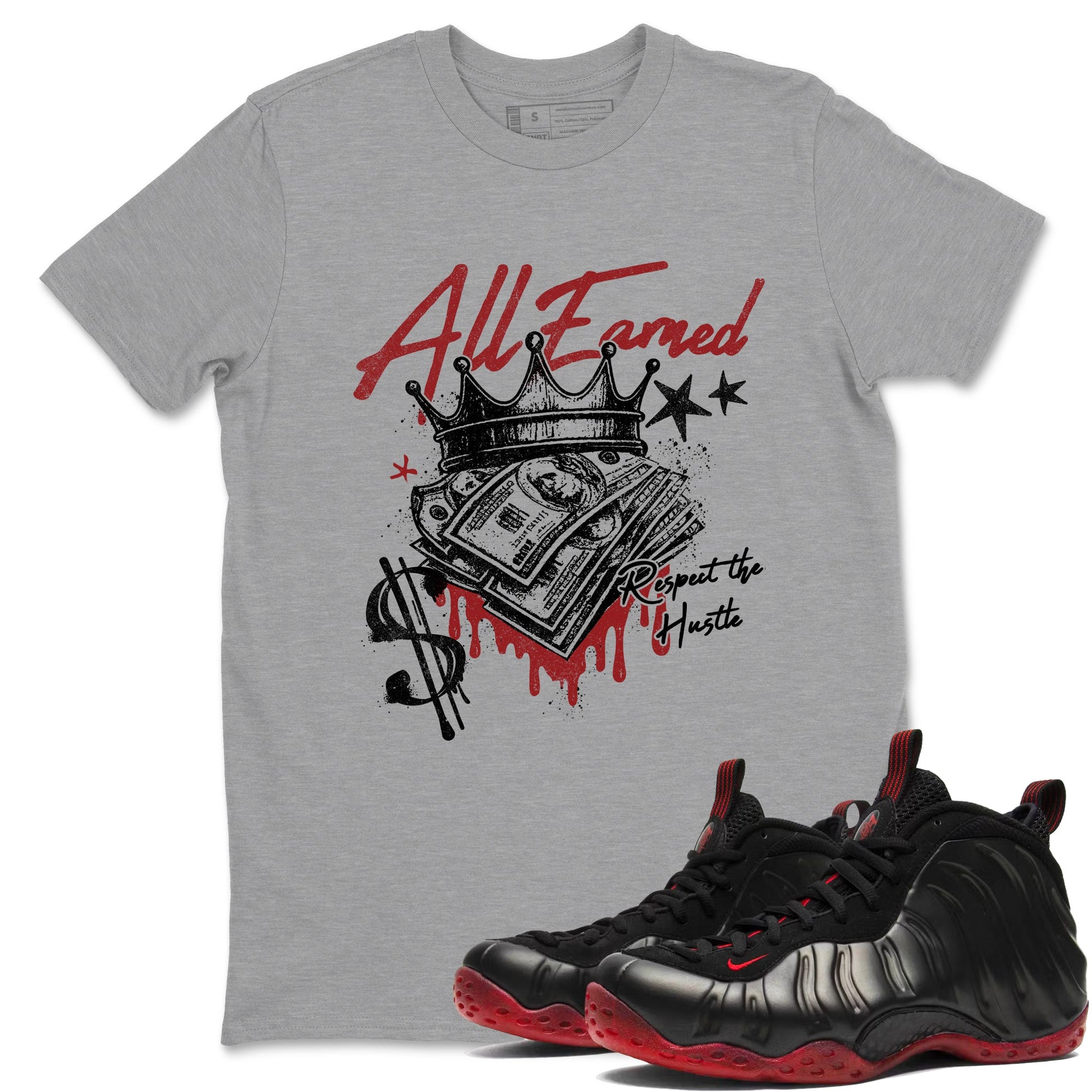 Sneaker match tees – Sneaker Tees To Match Air Foamposite Cough Drop Shoes – All Earned Tee Heather Grey 1