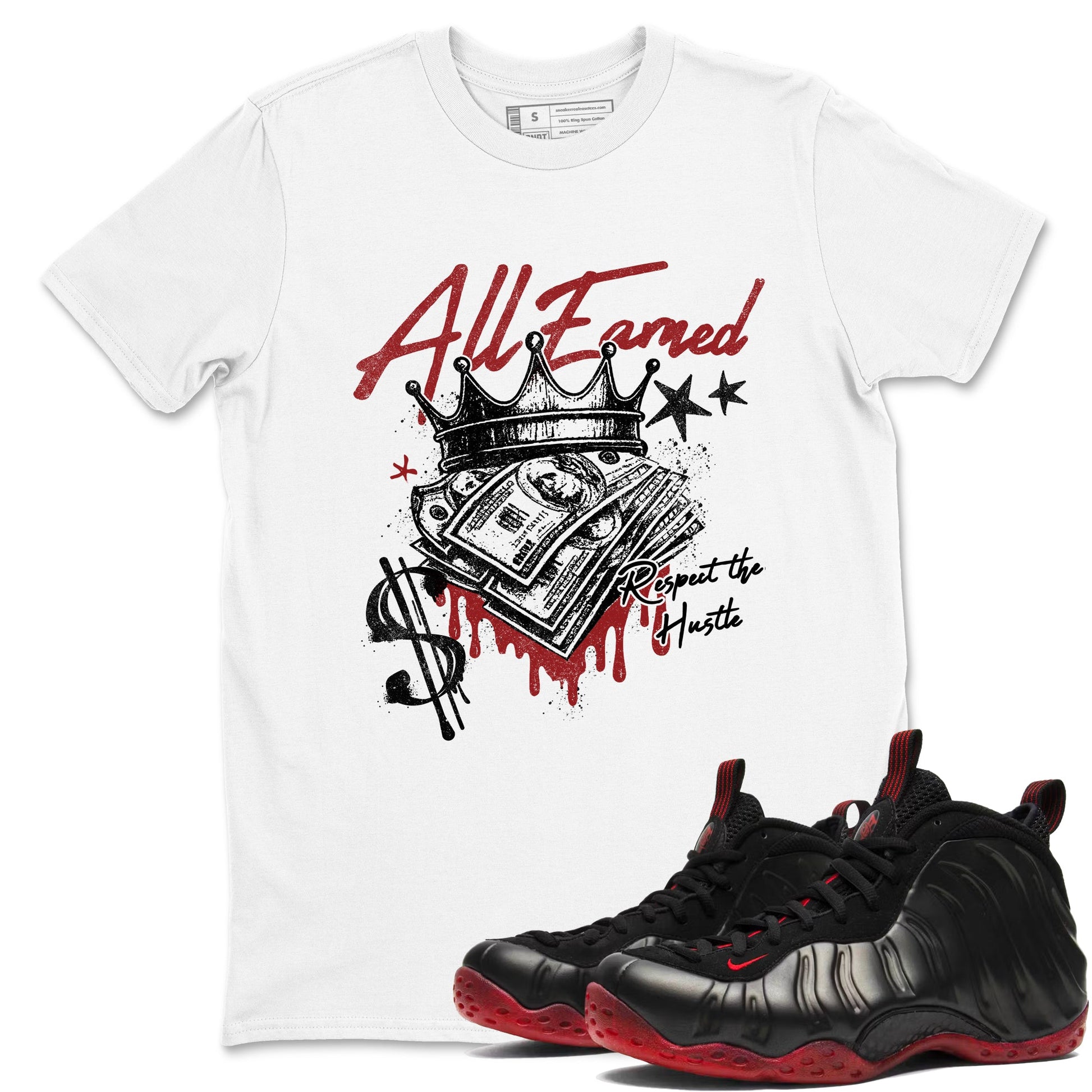 Sneaker match tees – Sneaker Tees To Match Air Foamposite Cough Drop Shoes – All Earned Tee White 1