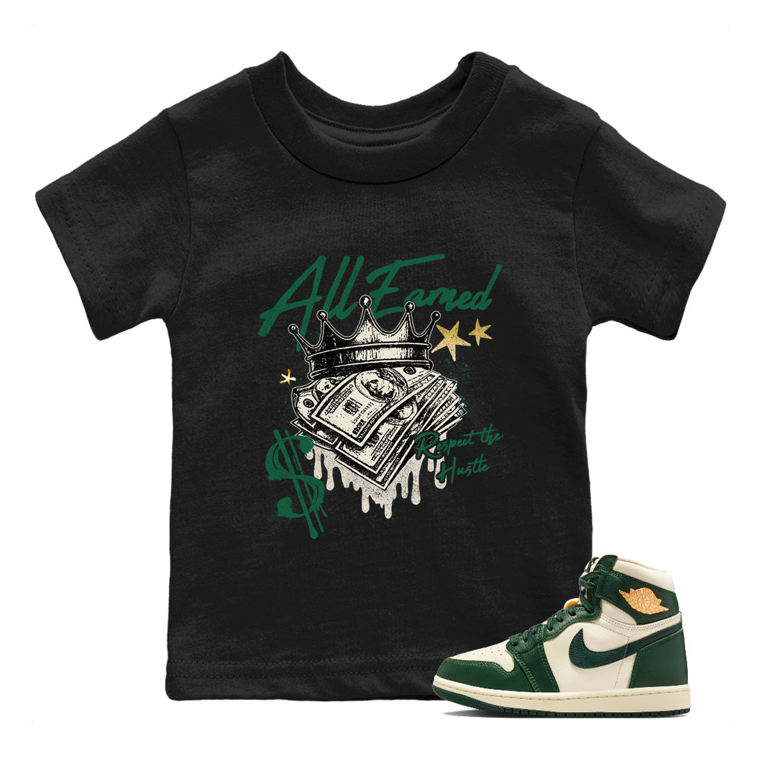 Sneaker Threads – Sneaker Tees To Match Air Jordan 1 Pro Green – All Earned Youth Graphic Tee Black 1. Perfect for Jordan releases 2025 colorways.