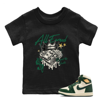 Sneaker Threads – Sneaker Tees To Match Air Jordan 1 Pro Green – All Earned Youth Graphic Tee Black 1. Perfect for Jordan releases 2025 colorways.