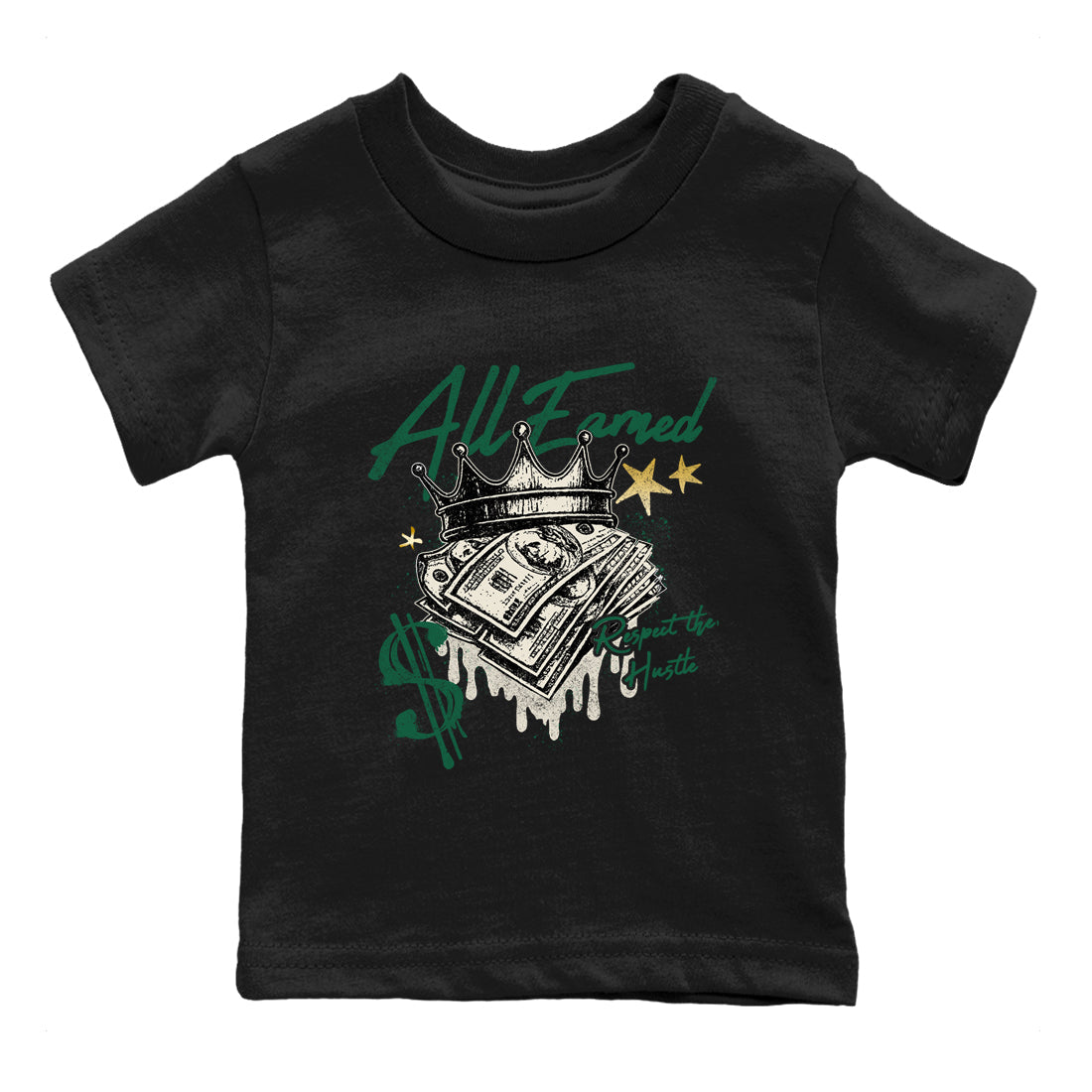 Sneaker Threads – Sneaker Tees To Match Air Jordan 1 Pro Green – All Earned Youth Graphic Tee Black 2. Perfect for Jordan releases 2025 colorways.