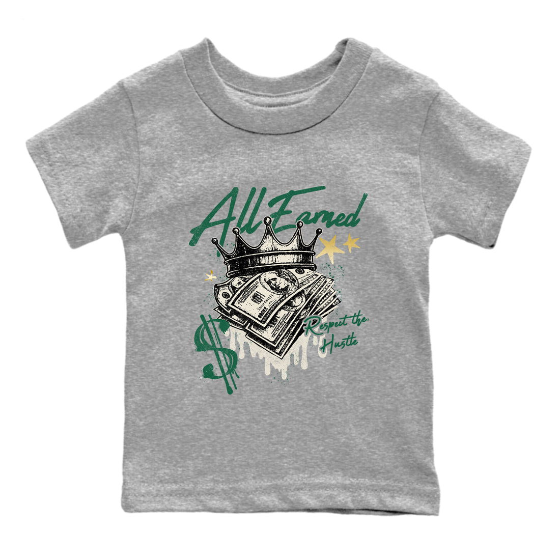 Sneaker Threads – Sneaker Tees To Match Air Jordan 1 Pro Green – All Earned Youth Graphic Tee Heather Grey 2. Perfect for Jordan releases 2025 colorways.