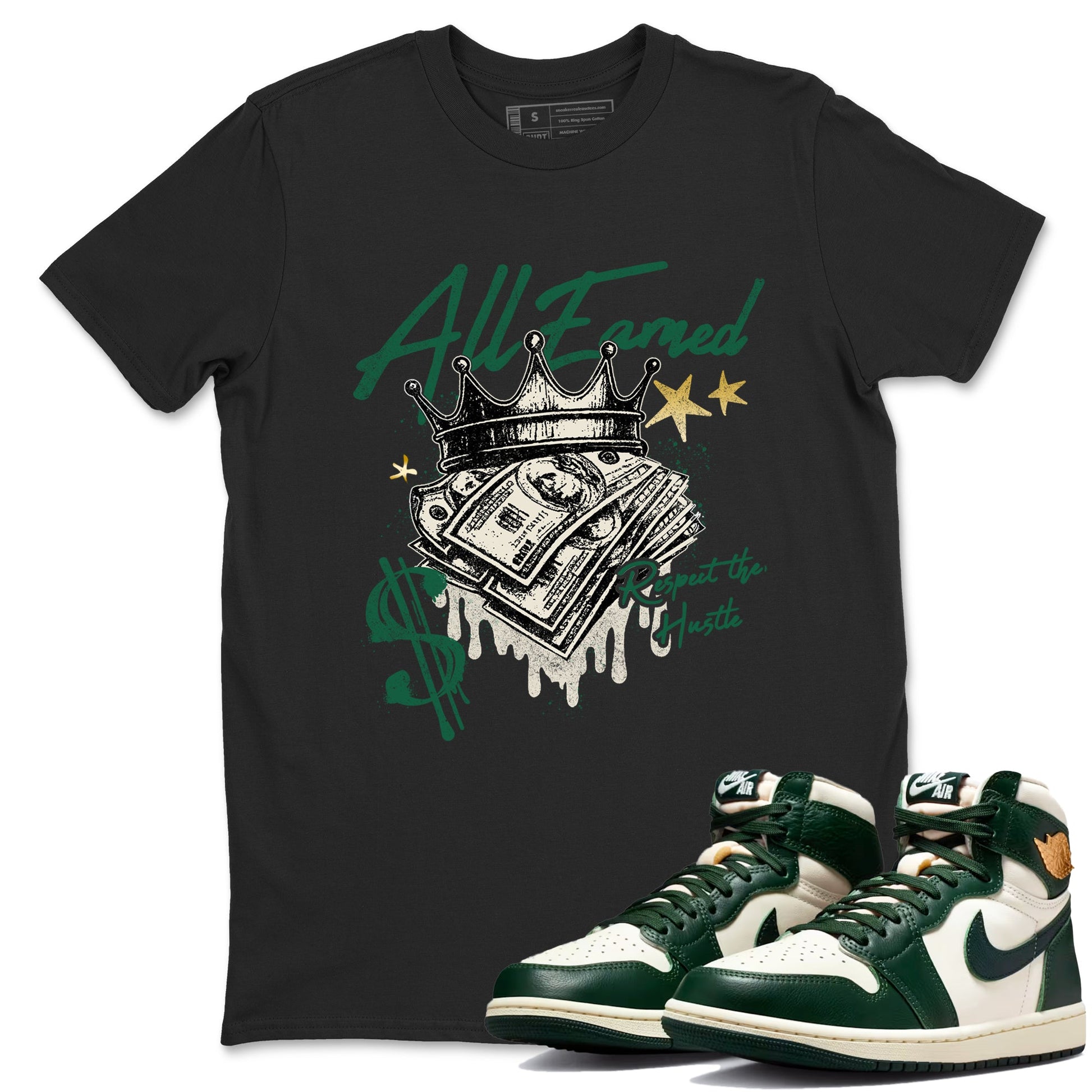 Sneaker Threads – Sneaker Tees To Match Air Jordan 1 Pro Green – All Earned Graphic Tee Black 1. Perfect for Jordan releases 2025 colorways.