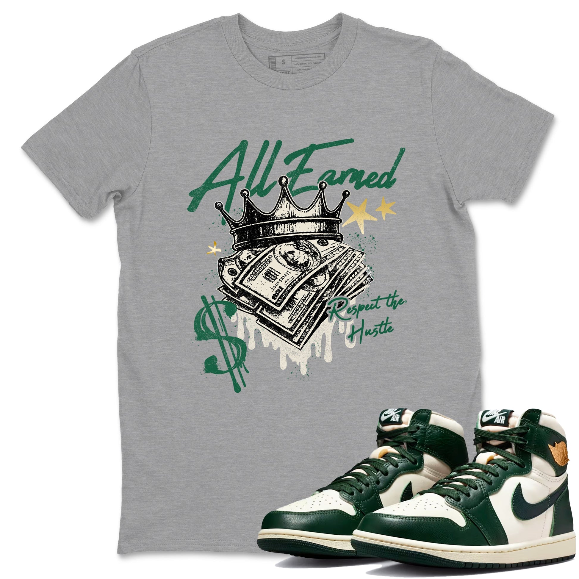 Sneaker Threads – Sneaker Tees To Match Air Jordan 1 Pro Green – All Earned Graphic Tee Heather Grey 1. Perfect for Jordan releases 2025 colorways.