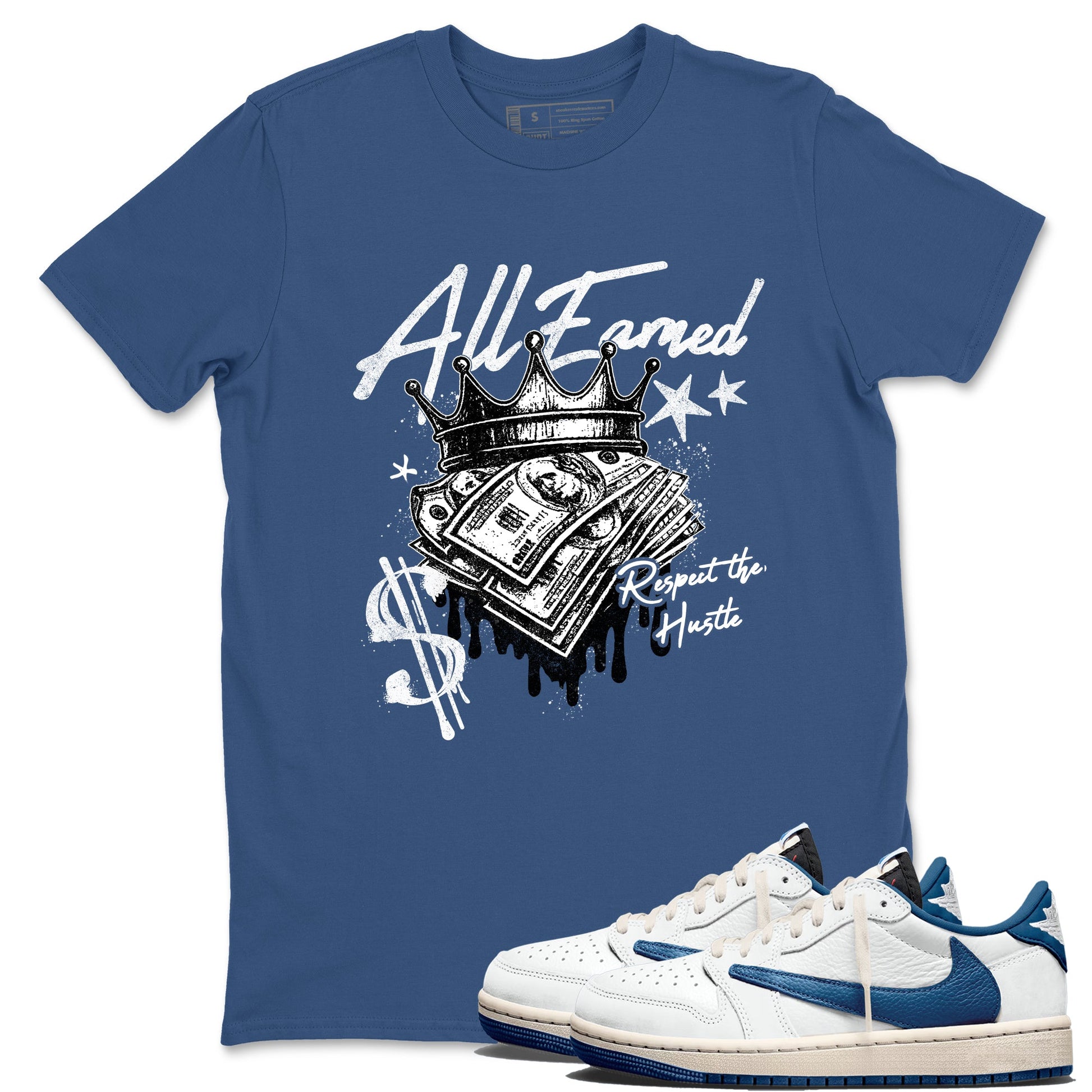 Sneaker match tees  Sneaker Tees To Match Air Jordan 1 Travis Scott Fragment Shoes  All Earned Tee Denim Blue 1