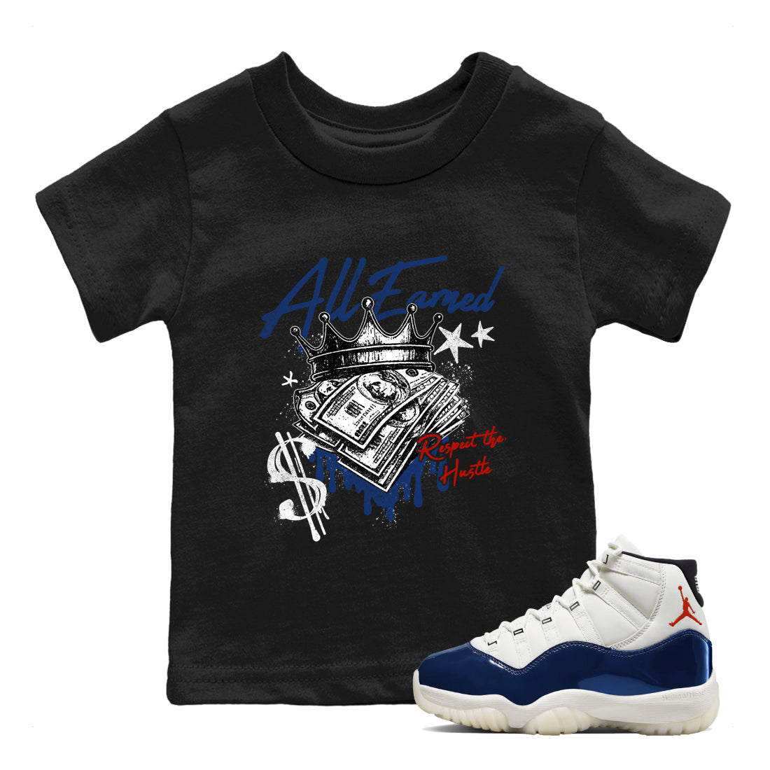 Sneaker match tees – Sneaker Threads To Match Air Jordan 11 Rare Air Shoes – All Earned Kids T-Shirt Black 1