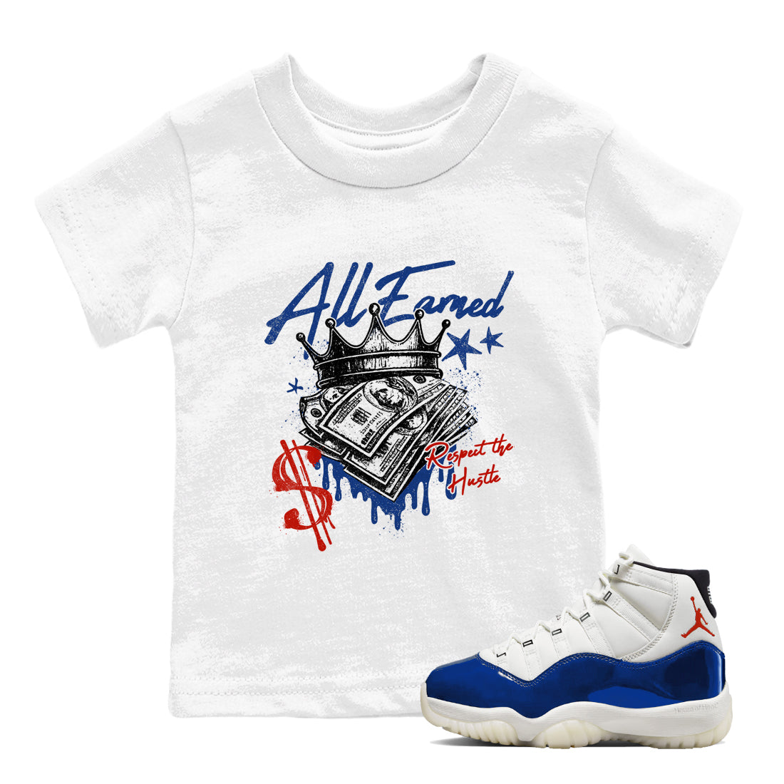 White t-shirt with graphic design and a blue and white sneaker on a white background